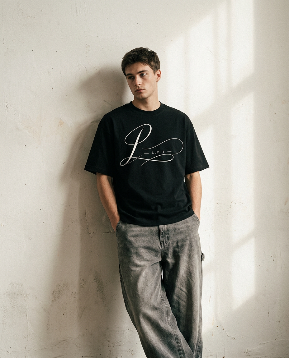 LOCKIN editorial — model in burgundy oversized tee